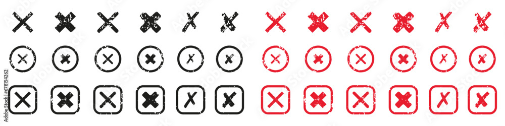 Poster cross shape icons set. black and red grunge mark in box and circle pictogram. x symbol collection. d