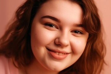 Obraz premium Happy beautiful young plus size model closeup portrait, fat girl with a chubby face on a pink background