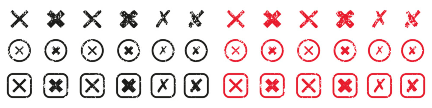 Cross Shape Icons Set. Black and Red Grunge Mark In Box And Circle Pictogram. X Symbol Collection. Delete, Cancel, Reject, Ban Sign. Wrong Rubber Stamp. Isolated Vector Illustration
