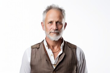 Obraz premium Portrait of a content man in his 40s dressed in a polished vest against a white background. AI Generation