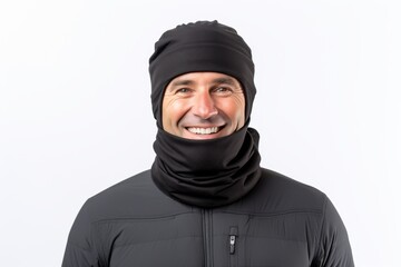 Portrait of a smiling man in his 40s wearing a protective neck gaiter against a white background. AI Generation - obrazy, fototapety, plakaty