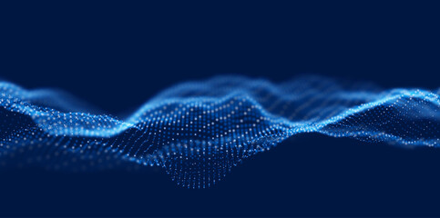 Wave of blue particles. Abstract technology flow background. Sound mesh pattern or grid landscape. Digital data structure consist dot elements. Future vector illustration. - obrazy, fototapety, plakaty