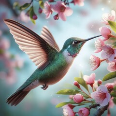 hummingbird in flight  and flowers background photo