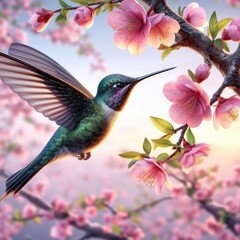 hummingbird in flight  and flowers background photo