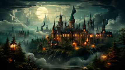 Fototapeta na wymiar magic forest with castle and fairy tale scene, fantasy, magic forest, fantasy landscape, magic fairy tale, fantasy, art painting