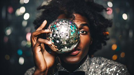 Party man with disco ball. 