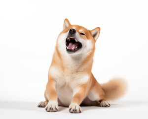 Shiba Inu dog sitting and raising its front paws in a playful gesture with a wide open mouthed smile and bright