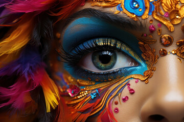 Female green eye with bright and colorful carnival makeup with feathers, eye shadow, mascara and contact lenses close-up, face art