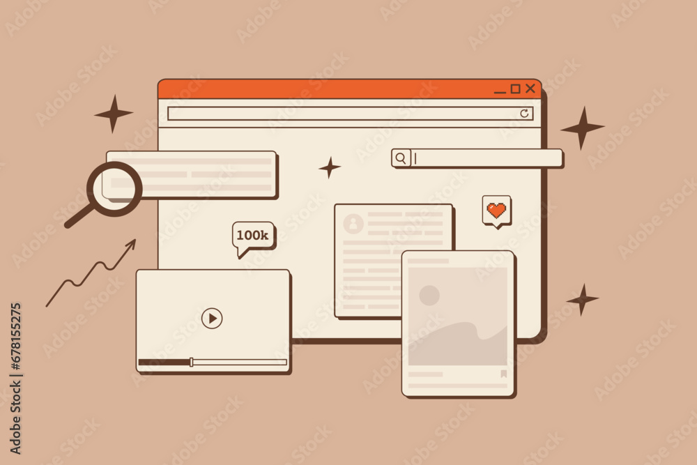 Poster digital marketing concept in retro style. old computer interface with browser window, search bar, so