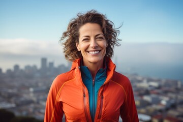 Portrait of a smiling woman in her 40s sporting a breathable hiking shirt against a vibrant city skyline. AI Generation