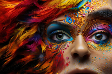 Female eye with bright and colorful carnival makeup with feathers, eye shadow, mascara and contact lenses close-up, face art