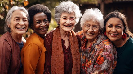 Portrait of elderly women sharing a moment of laughter and joy. Their faces are alight with smiles