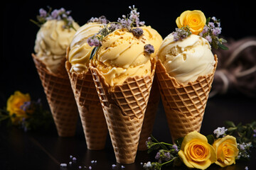 Refreshing ice cream in waffle cones with lemon flavour, aesthetic look - obrazy, fototapety, plakaty
