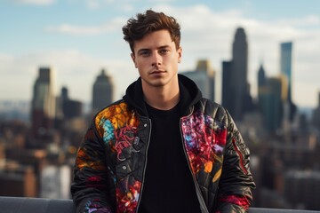 Portrait of a content man in his 20s wearing a trendy bomber jacket against a vibrant city skyline. AI Generation