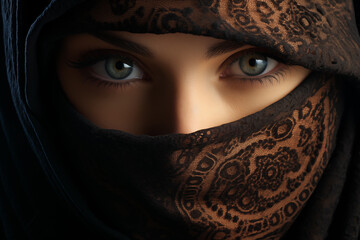 Naklejka premium Portrait of woman in traditional veil with intricate lace detailing. Her eyes are the focal point