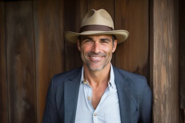 Portrait of a smiling man in his 50s donning a classic fedora against a rustic wooden wall. AI Generation