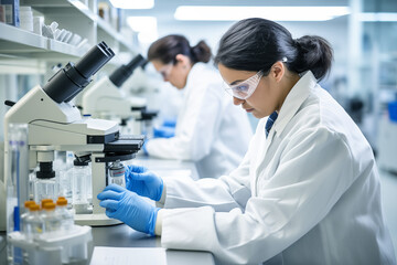 Dedicated Researcher in Modern Laboratory The cool blue tones and crisp lighting highlight the cutting edge nature