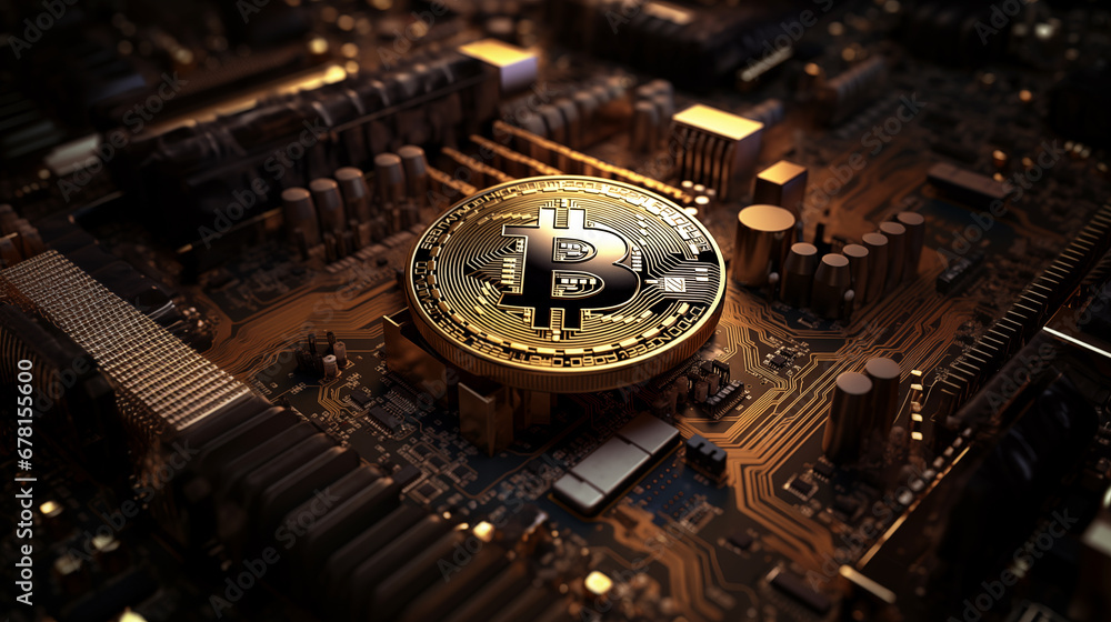 Aufkleber polished bitcoin coin centered atop a complex circuit board, symbolizing the intersection of finance