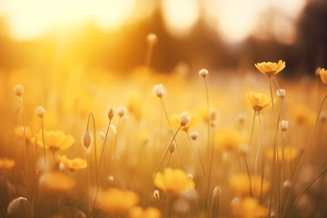 Relaxing soft focus sunset field landscape of yellow flowers grass meadow warm golden hour sunset sunrise, Tranquil spring summer nature closeup and blurred forest background, Idyllic floral bloom