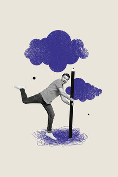 Vertical collage of cheerful mini black white effect guy arms hold huge pencil drawing clouds sky isolated on creative background