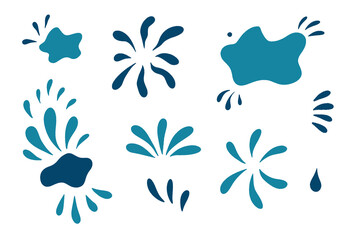 Water drops and splash silhouette in simple doodle style. Set different liquid shapes and silhouette.