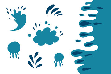 Fototapeta na wymiar Water drops and splash silhouette in simple doodle style. Set different liquid shapes and silhouette.