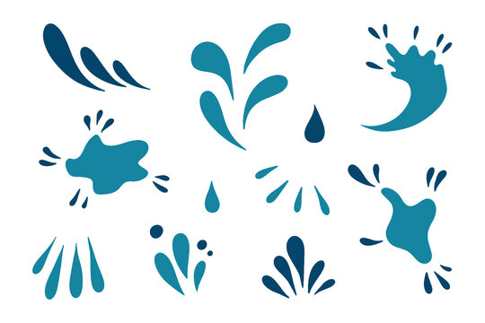 Water drops and splash silhouette in simple doodle style. Set different liquid shapes and silhouette.