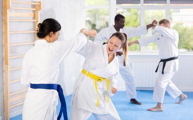 Multinational partners during martial arts karate class train to perform basic blows to opponent with hands and feet. Preparation of athletes for competitions