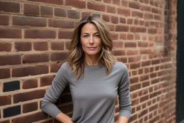 Fototapeta na wymiar Portrait of a content woman in her 40s showing off a thermal merino wool top against a vintage brick wall. AI Generation