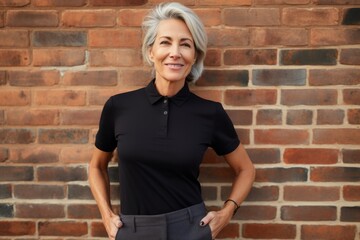 Portrait of a glad woman in her 50s wearing a breathable golf polo against a vintage brick wall. AI...
