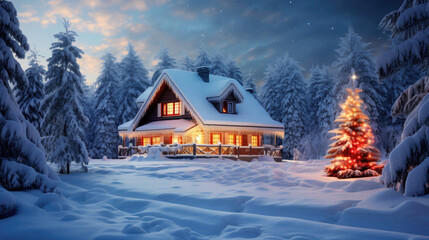 Serene winter landscape with snow-covered trees and a charming small cottage illuminated by warm lights in the background, capturing