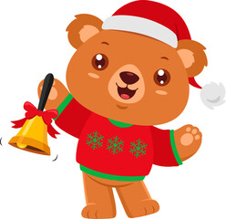 Cute Christmas Teddy Bear Cartoon Character Ringing A Bell. Vector Illustration Flat Design Isolated On Transparent Background