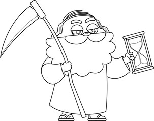 Outlined Father Time Man Cartoon Character Holding An Hourglass And Scythe. Vector Hand Drawn Illustration Isolated On Transparent Background