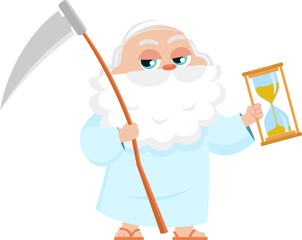 Father Time Man Cartoon Character Holding An Hourglass And Scythe. Vector Illustration Flat Design Isolated On Transparent Background