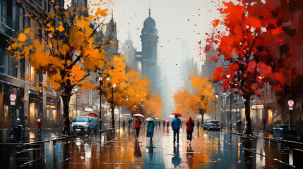 Obraz na płótnie Canvas abstract painting in the autumn rainy city