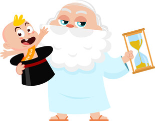 New Year Baby And Father Time Man Cartoon Characters. Vector Illustration Flat Design Isolated On Transparent Background