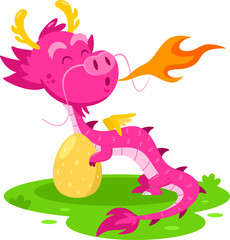 Cute Chinese Dragon Cartoon Character With An Egg. Vector Illustration Flat Design Isolated On Transparent Background