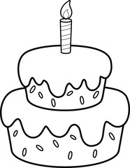 Outlined Cartoon Birthday Cake With Candle. Vector Hand Drawn Illustration Isolated On Transparent Background