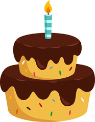 Cartoon Birthday Cake With Candle. Vector Illustration Flat Design Isolated On Transparent Background