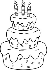 Outlined Cartoon Birthday Cake With Candles. Vector Hand Drawn Illustration Isolated On Transparent Background