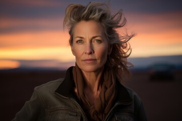 Portrait of a tender woman in her 50s wearing a rugged jean vest against a vibrant sunset horizon. AI Generation
