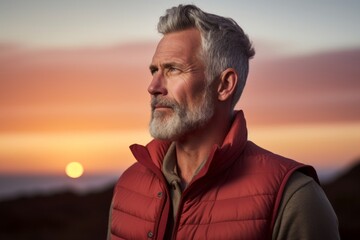 Portrait of a glad man in his 50s dressed in a water-resistant gilet against a vibrant sunset horizon. AI Generation