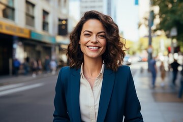 Portrait of a cheerful woman in her 30s wearing a professional suit jacket against a busy urban street. AI Generation