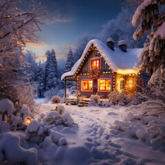 Serene winter landscape with snow-covered trees and a charming small cottage illuminated by warm lights in the background, capturing