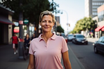 Portrait of a glad woman in her 40s wearing a breathable golf polo against a busy urban street. AI Generation
