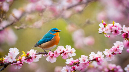 Obraz premium Little spring bird on a branch of a blossoming tree, blooming pink flowers, songbird in springtime