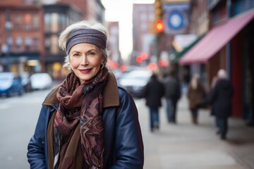Fototapeta premium Portrait of a tender woman in her 60s wearing a versatile buff against a busy urban street. AI Generation