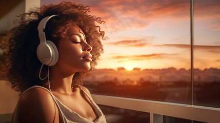 Calm woman relaxing on a balcony with amazing views while enjoying music and the fresh air at sunset