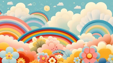 Vintage, funky background featuring clouds. flowers and rainbows with waves. Vibrant hues and a charming, retro vector design with abstract forms