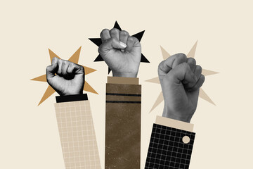 Composite collage picture of black white colors people arms raise fists punch protest showing power...